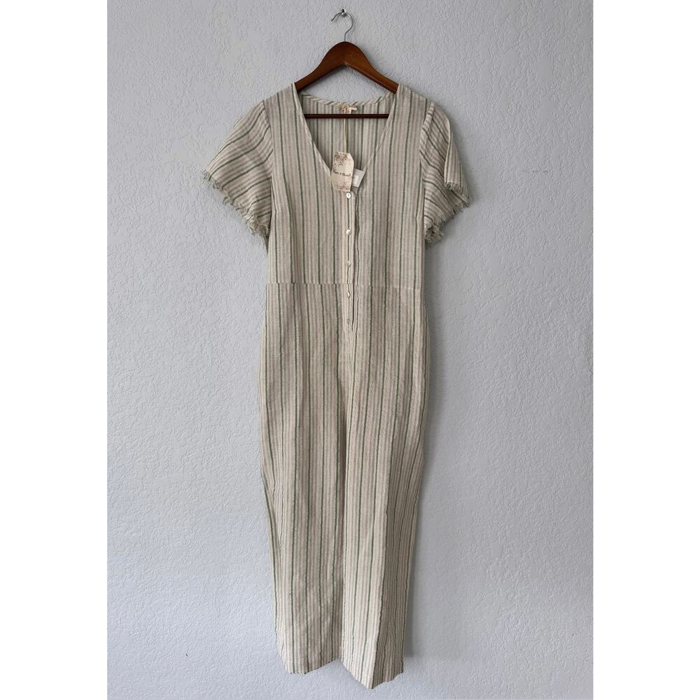 Hem + Thread Gray and Green Striped Short Sleeve Linen Liora Jumpsuit Size Large